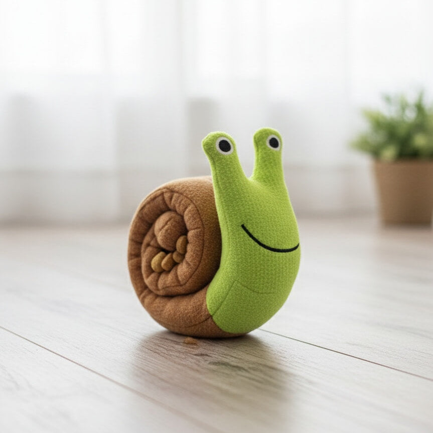 Jouet de fouille interactif anti anxiété CoconPattes en forme d'escargot, avec une coquille enroulée pour cacher les friandises et procurer un enrichissement mental au chien.