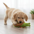 Chiot Labrador utilisant le jouet de fouille escargot pour manger ses friandises, favorisant une alimentation lente et un jeu anti anxiété interactif.