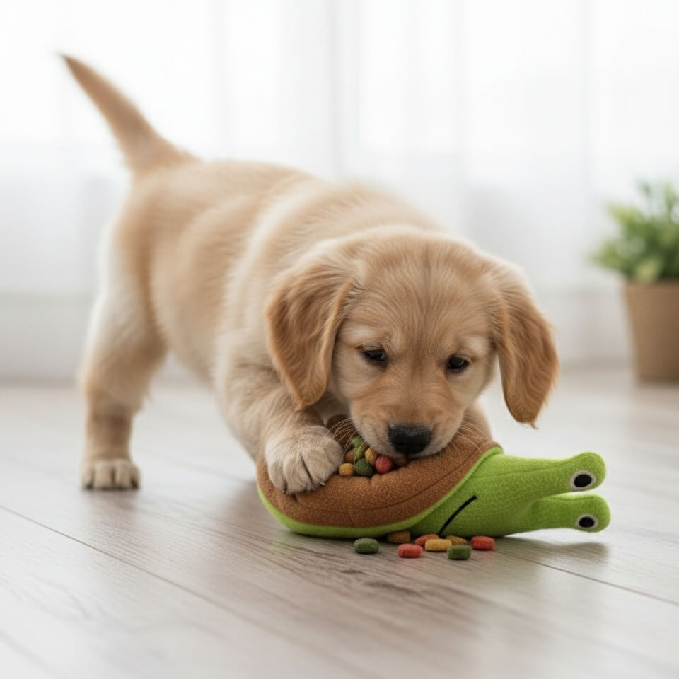 Chiot Labrador utilisant le jouet de fouille escargot pour manger ses friandises, favorisant une alimentation lente et un jeu anti anxiété interactif.
