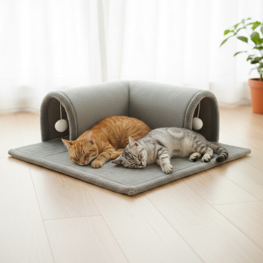 Deux chats dormant paisiblement sur le lit d'intérieur multifonctionnel CoconPattes, illustrant le confort du tapis et la possibilité de partage pour les foyers multi-chats.
