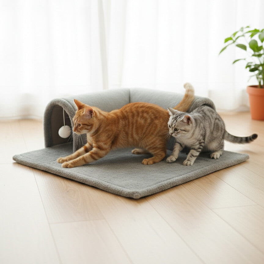 Deux chats roux et tabby jouant activement sur le tapis d'activités et tunnel CoconPattes, stimulant l'exploration et le divertissement pour chats d'intérieur.