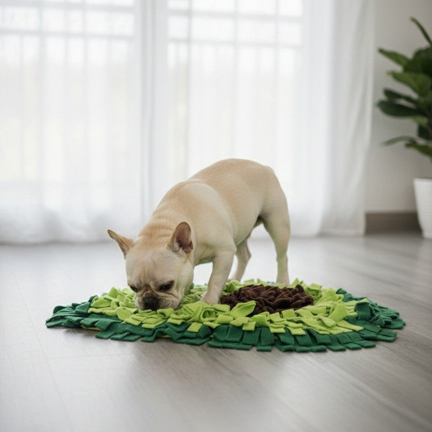 Bouledogue Français utilisant le tapis de fouille avocat CoconPattes, idéal pour ralentir l'ingestion des croquettes et procurer une stimulation mentale anti-stress
