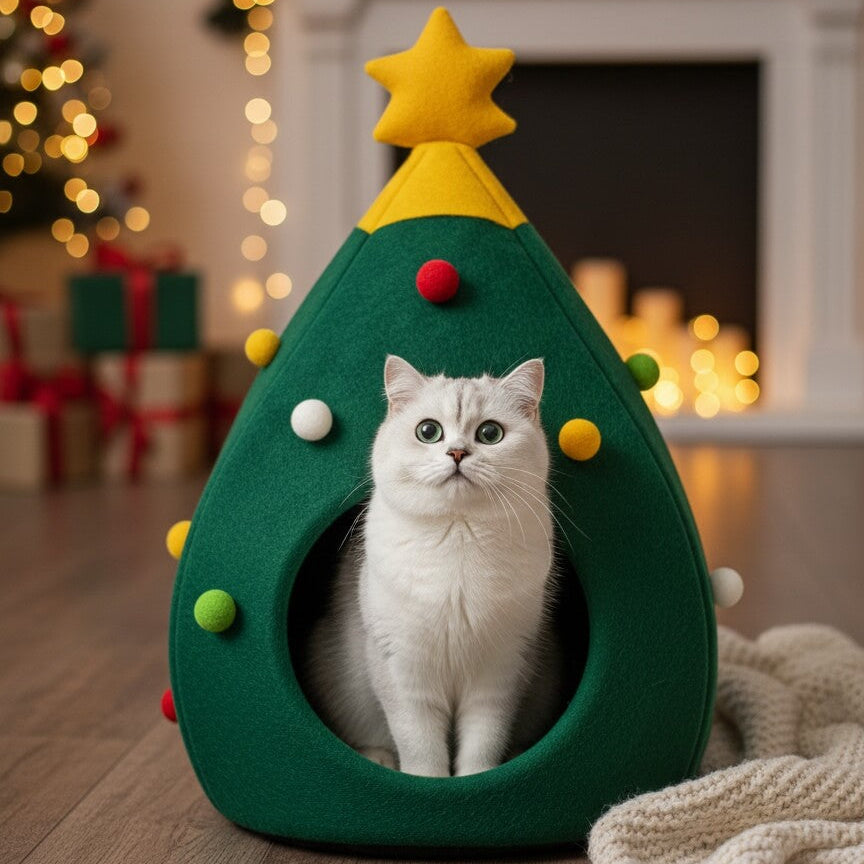 Lit pour chat douillet CoconPattes en forme de sapin de Noël vert, avec un chat blanc à l'intérieur, idéal comme cachette festive et chaude pour les fêtes. 