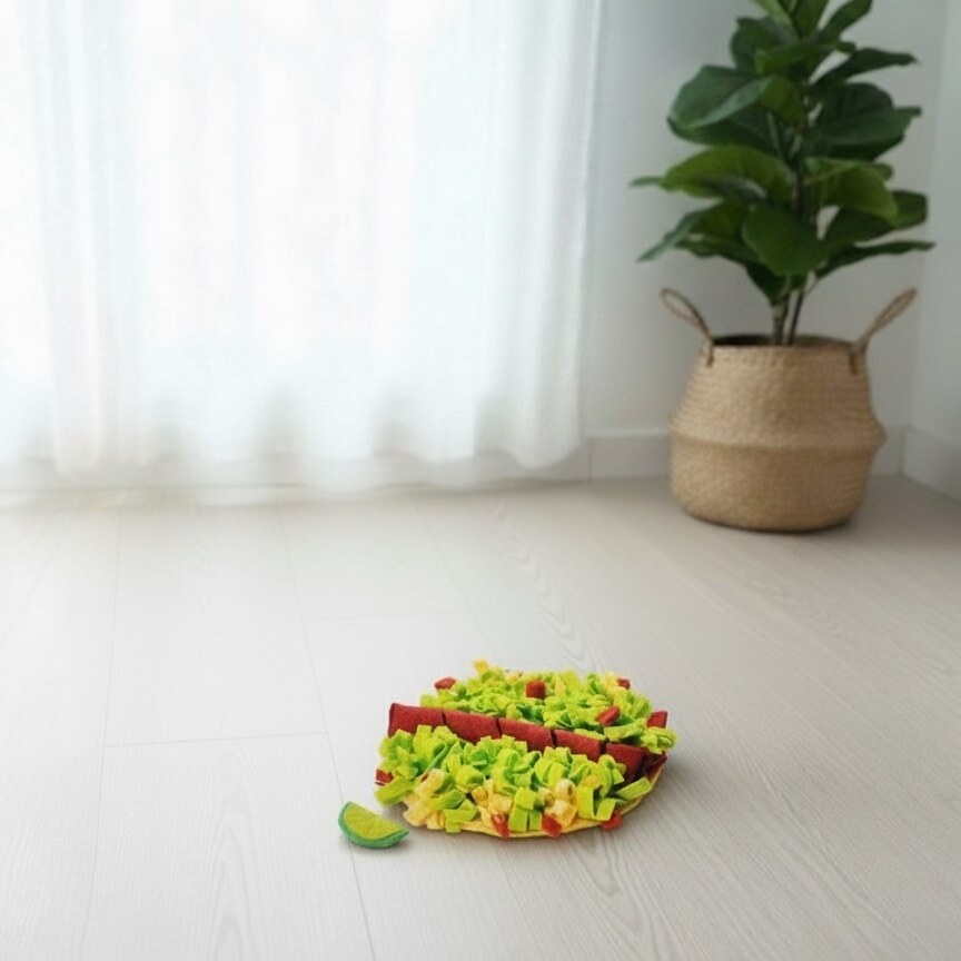 Tapis de jeu et de recherche pour chien, en forme de taco, avec des éléments de salade et fromage, pour cacher les friandises et stimuler l'enrichissement mental.