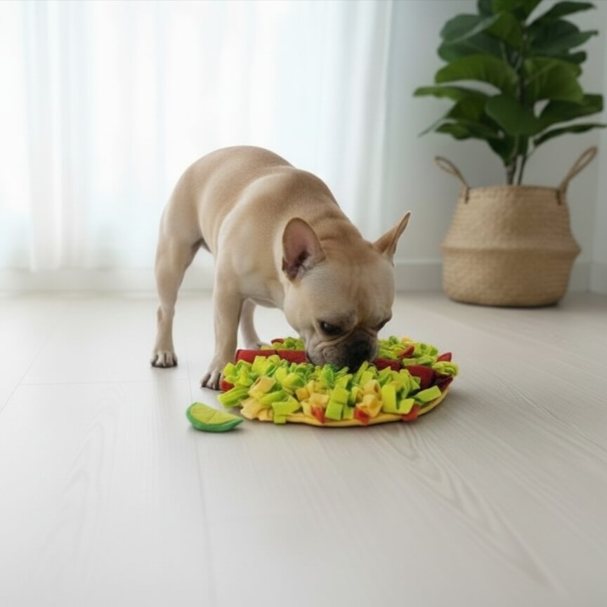 Bouledogue Français en pleine séance de fouille sur le tapis de recherche en forme de taco, stimulant l'instinct naturel de recherche de nourriture chez le chien.