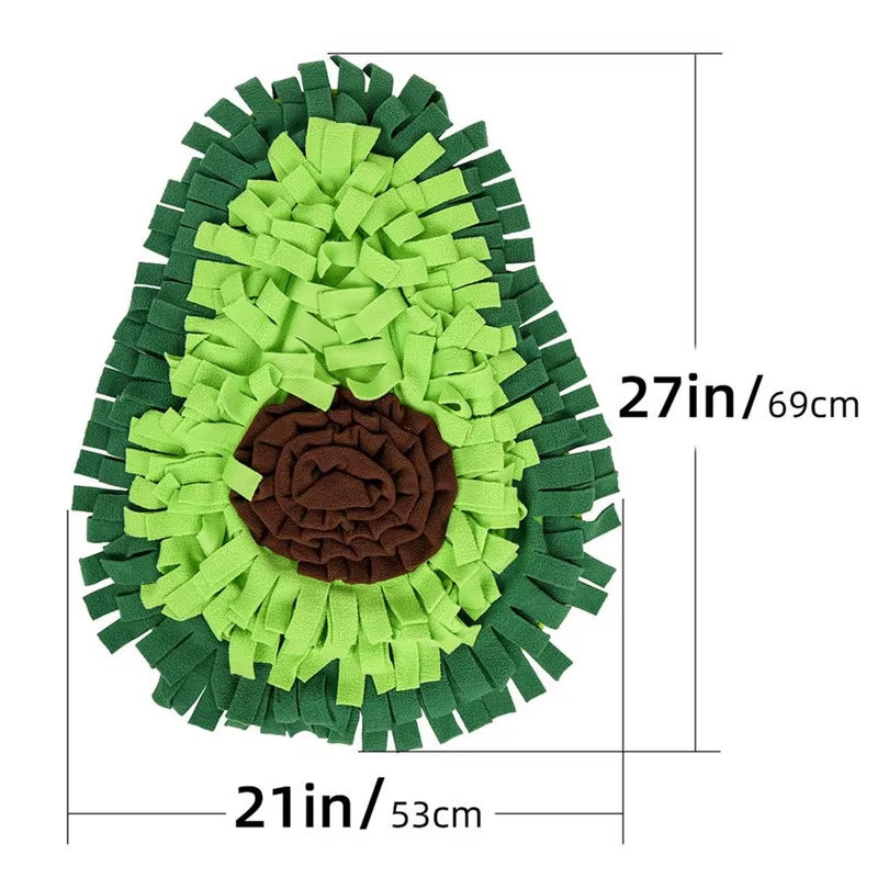 Dimensions du tapis de fouille avocat CoconPattes : 69 cm (27 pouces) de longueur et 53 cm (21 pouces) de largeur. Jouet puzzle anti stress pour chien et chat.